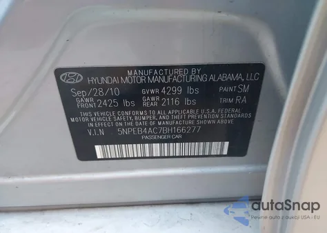 2011 Hyundai Sonata Gls из США, поврежденный, VIN 5NPEB4AC7BH166277